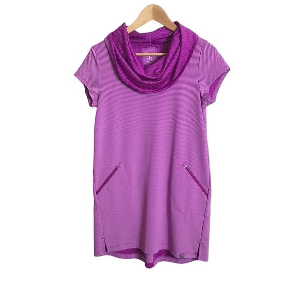 Title Nine Laylis Small Fuchsia Dot Stripe Go Cowl Neck Zip Pocket Tunic Dress‎ - Picture 1 of 10